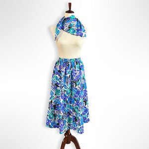 VTG Copy Cat 80s 2 PC Skirt & Bandana Set in Blue Painterly Floral, XL Retro